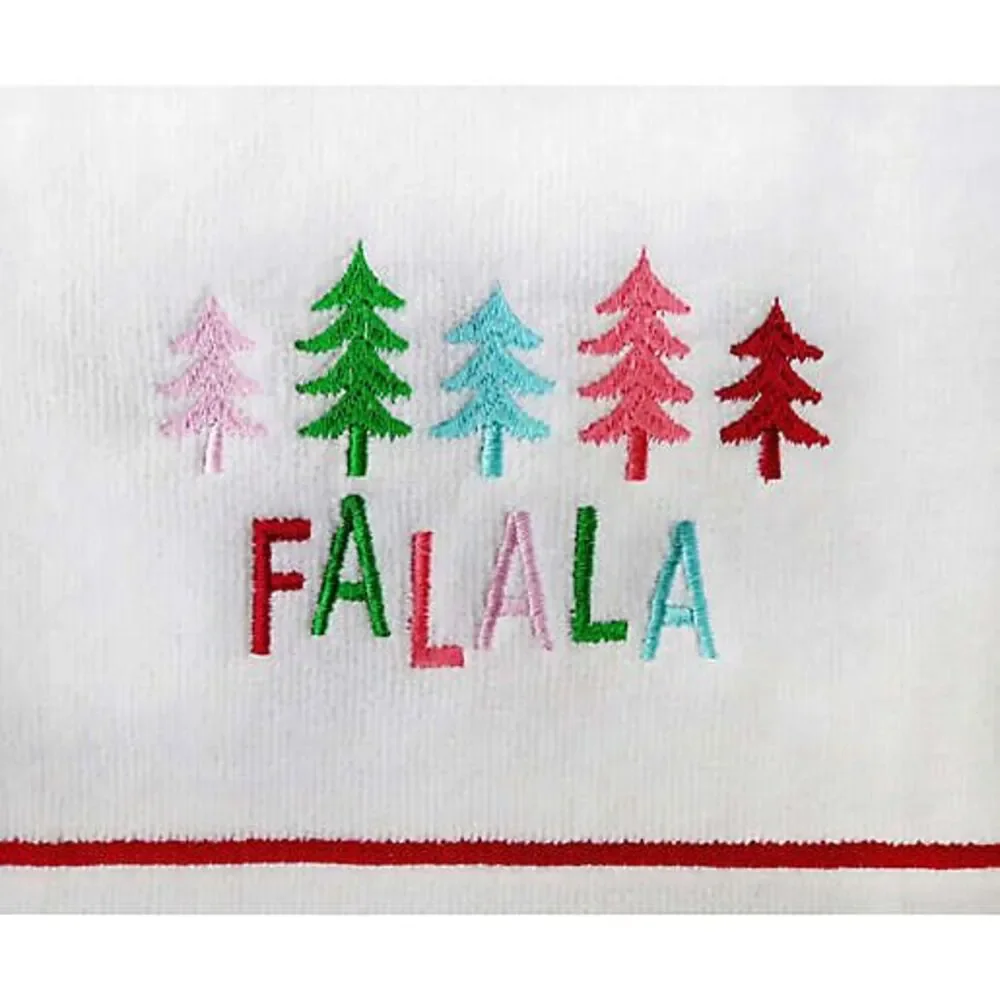 Fa La La Christmas Tree Hand Towels White Holiday Winter Embroidered Set of 2